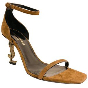 Opyum 85 YSL Logo Heel Suede Ankle Strap Sandals